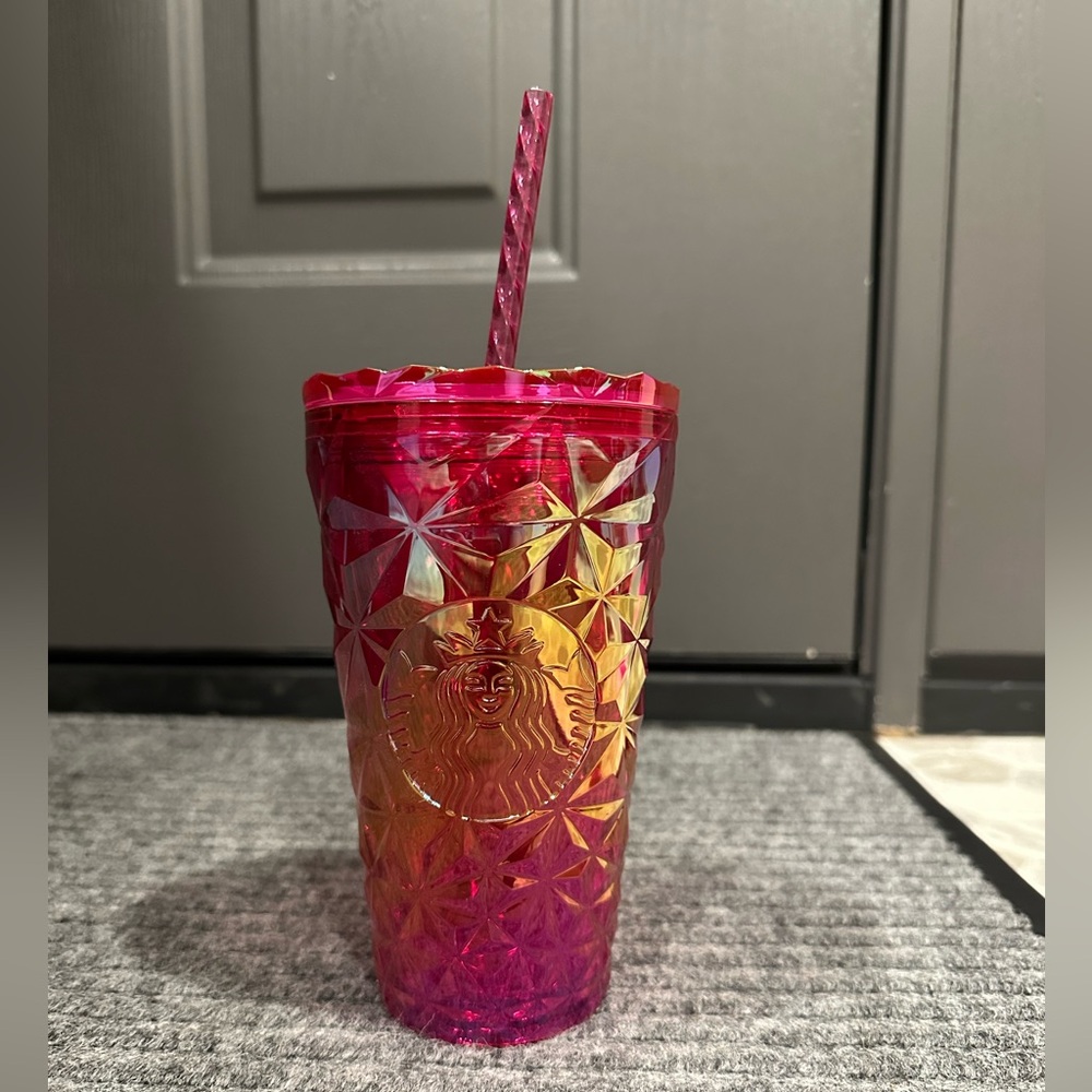 Starbucks Pink to Orange Iridescent Prism Studded Cold Cup with Straw 16oz NEW